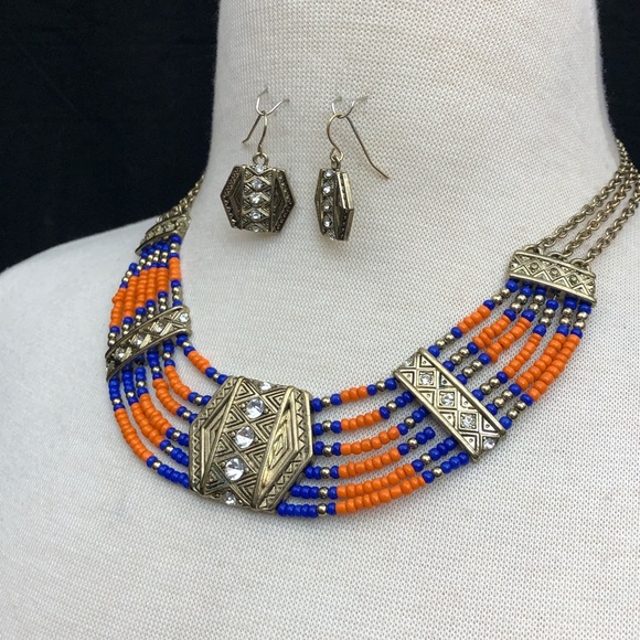 Orange and Blue Seed Bead Tribal Look Statement Necklace Earrings Set - Picture 4 of 4